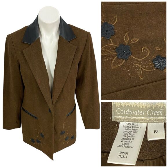 Coldwater Creek Blazer Womens P8 Brown Jacket Embroidery Office Siren Corpcore - Picture 1 of 16